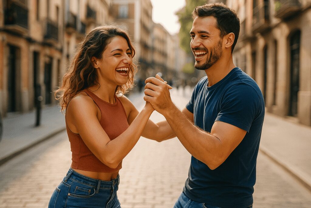 Koppel danst Salsa op het straat, waarbij de dame frame houdt om goed geleid te kunnen worden.
