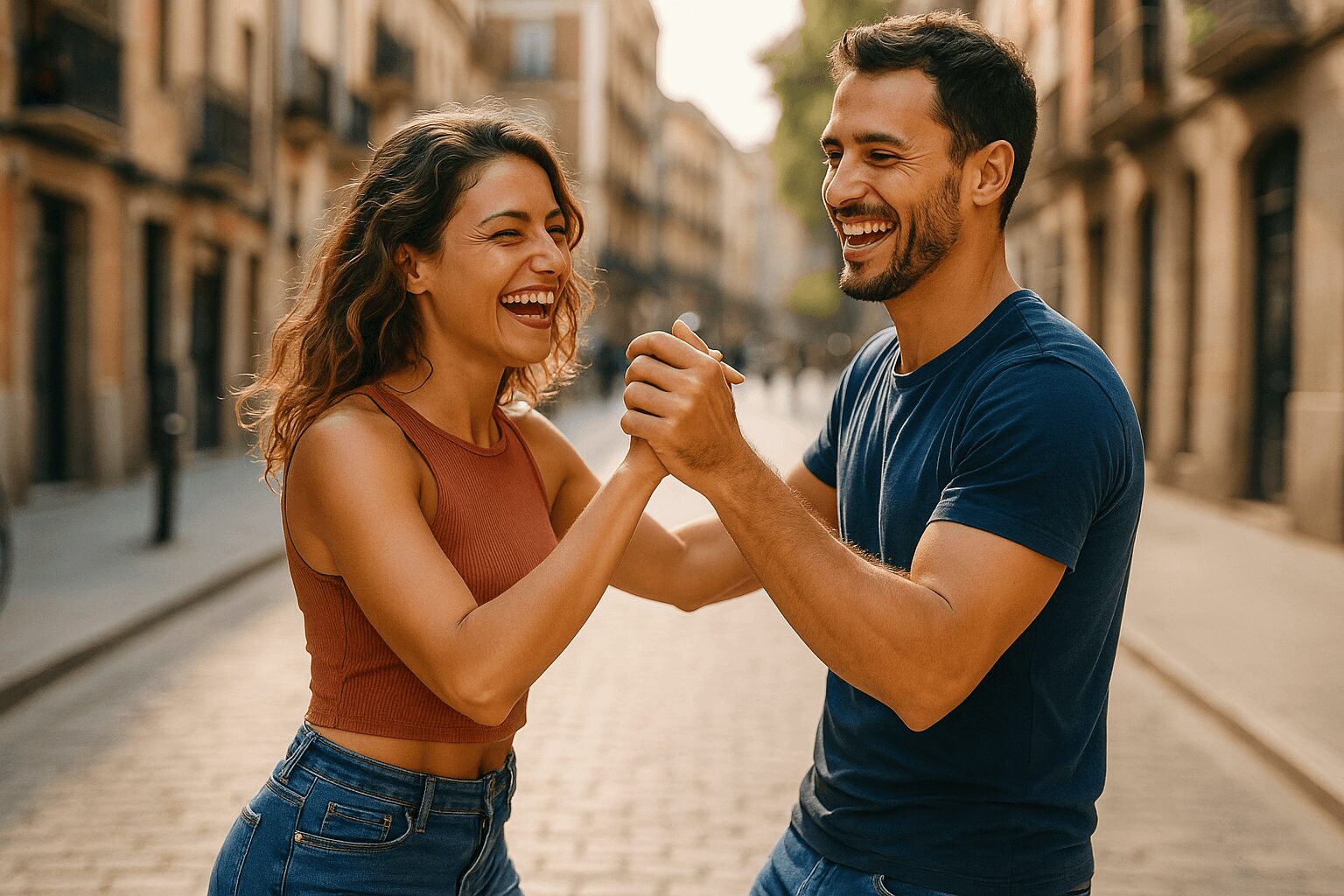 Koppel danst Salsa op het straat, waarbij de dame frame houdt om goed geleid te kunnen worden.